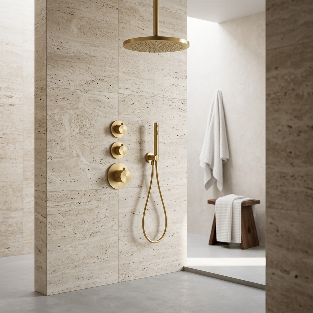 Aquanello Eterna Set doccia da incasso PVD oro con termostato e 2 rubinetti di arresto 30 cm ET-S-SET2-3-60